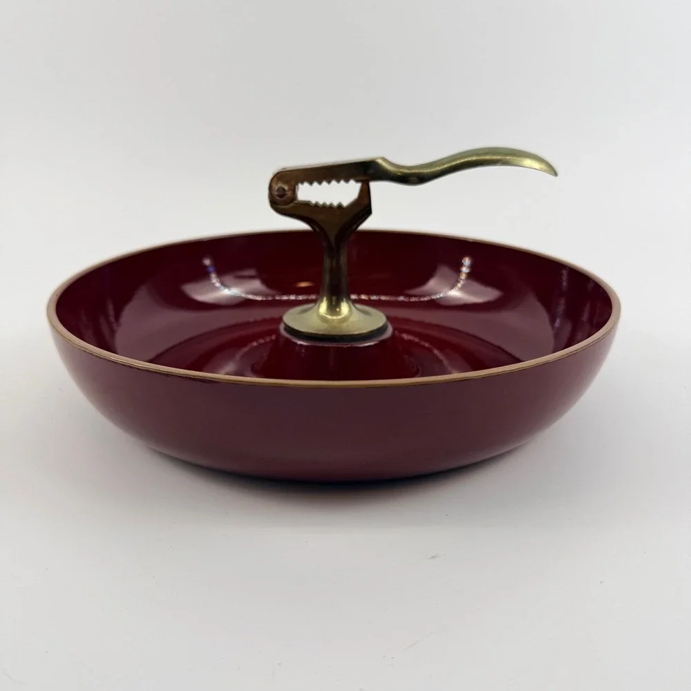Vintage Japanese Lacquer Nut Bowl with Brass Nutcracker Burgundy Made in Japan